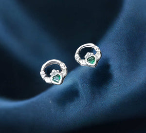 Claddaugh Stud Earrings with green stone