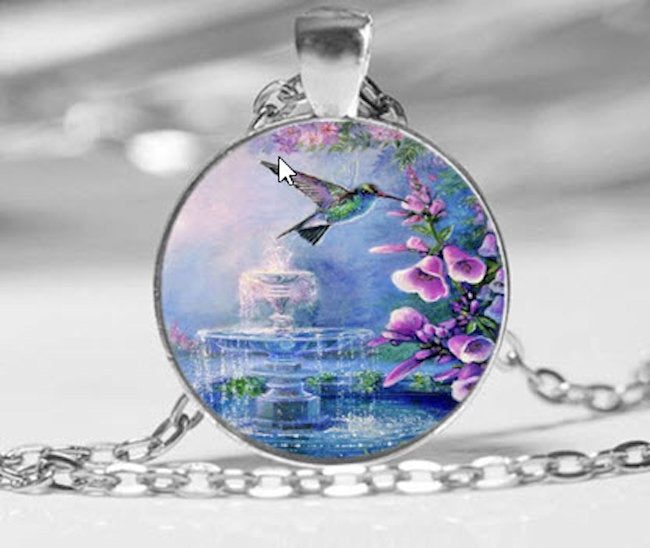 Hummingbird, Cherry Blossom Flowers and Water  Pendant Chain Necklace