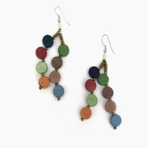 Earrings Two Strands Small Wooden Beads in Brick Red, Wheat, Moody Blue, Honey and Deep Indigo Blue, spaced with tiny gold-plated beads with stainless steel fishhooks