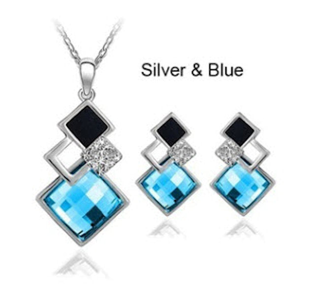 necklace set square crystal blue