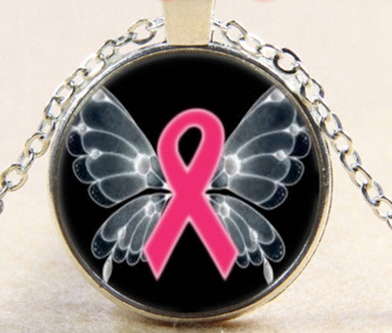 Necklace pink ribbon butterfly Breast Cancer Awareness 