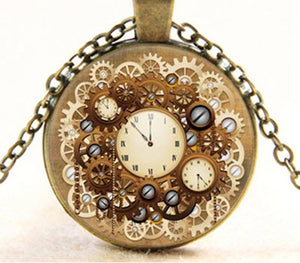steampunk necklace with gears and clock