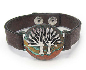 Vintage Rustic Style Metallic Leather Band Bracelet - Tree of Life