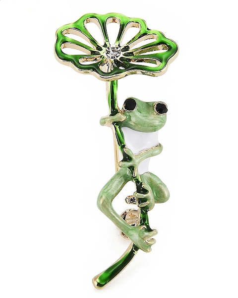 Green Frog Holding Leaf Brooch