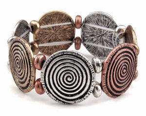 Burnish swirl textured metal disk link stretch bracelet