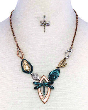Dragonfly Metal Necklace and Earrings