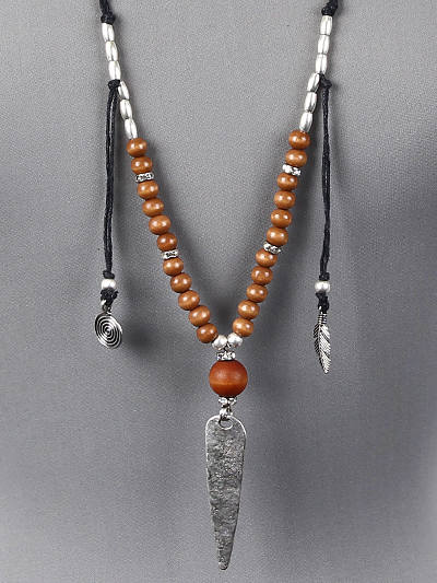 NECKLACE AND EARRINGS SET WITH FEATHERS, WOODEN BEADS ON BRAIDED CORD