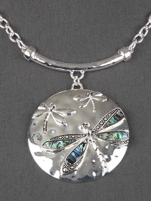Silver tone dragonfly pendant with abalone