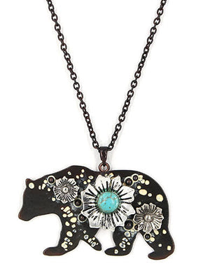 Bear with Flower with Turquoise Accent Long Necklace