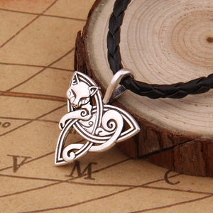Fox On Triquetra Necklace with Braided Leather Cord