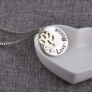 Dog Paw Print Tag Pendant Necklace with saying "Live, Love, Rescue"