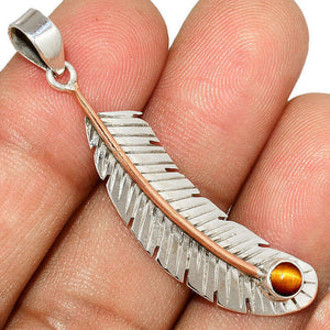 Sterling Silver Feather Pendant with Tiger Eye