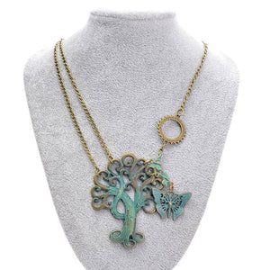 Tree Butterfly Pendant Gold Chain Gears Steampunk Necklace