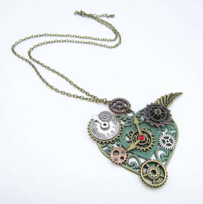 Heart Shped Steampunk Necklace with Gears and Wing