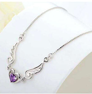 Wings and Heart with Purple Crystal Necklace