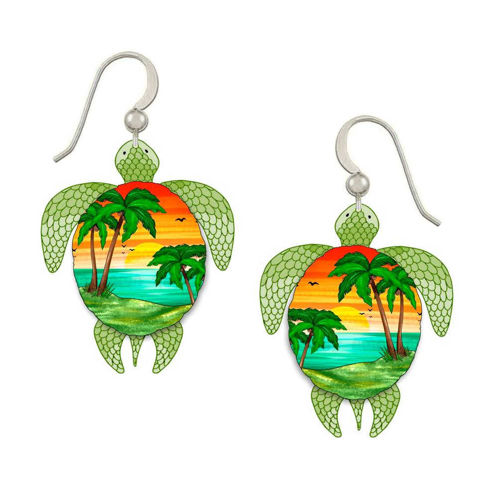 Turtle-shaped earrings with a tropical scene