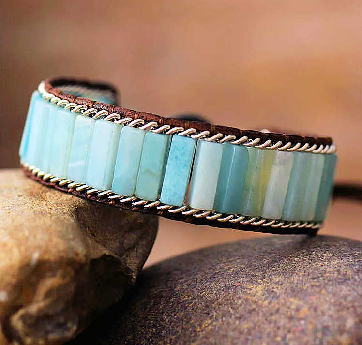 Amazonite and leather bracelet