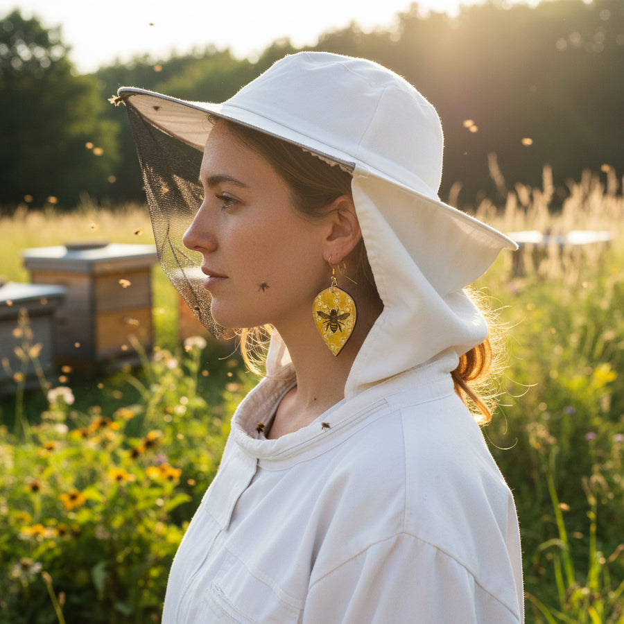 honeycomb and bee earrings