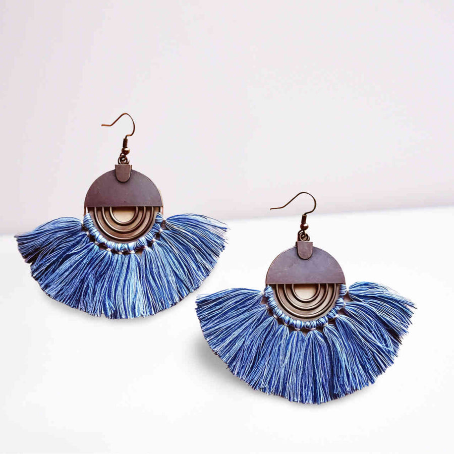 Denim Blue Fan Tassel Earrings