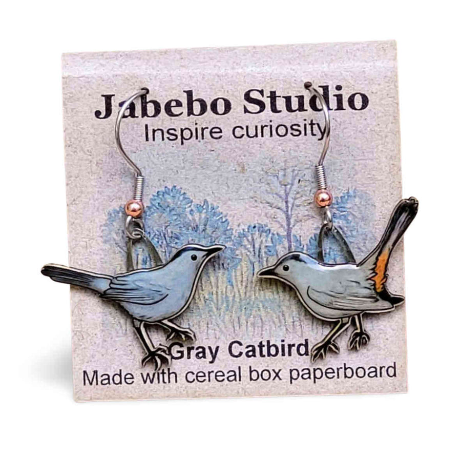 Gray cat bird earringd