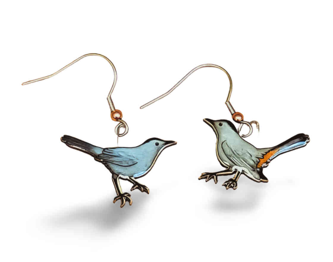 Gray cat bird earringd