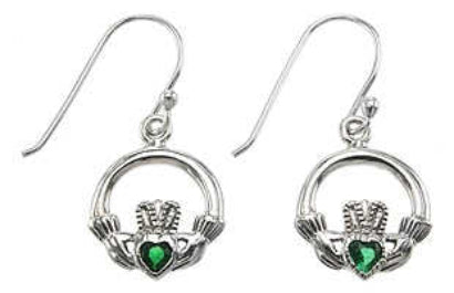 Claddagh Sterling Silver Earrings with Green Stone