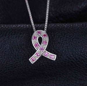 Silver and pink breast cancer awareness necklace