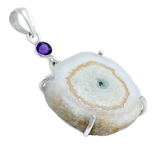 White Solar Quartz Eye and Amethyst Pendant