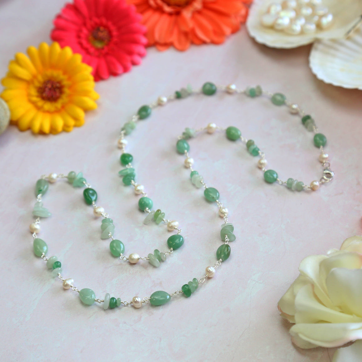Beaded Aventurine and Pearl Necklace