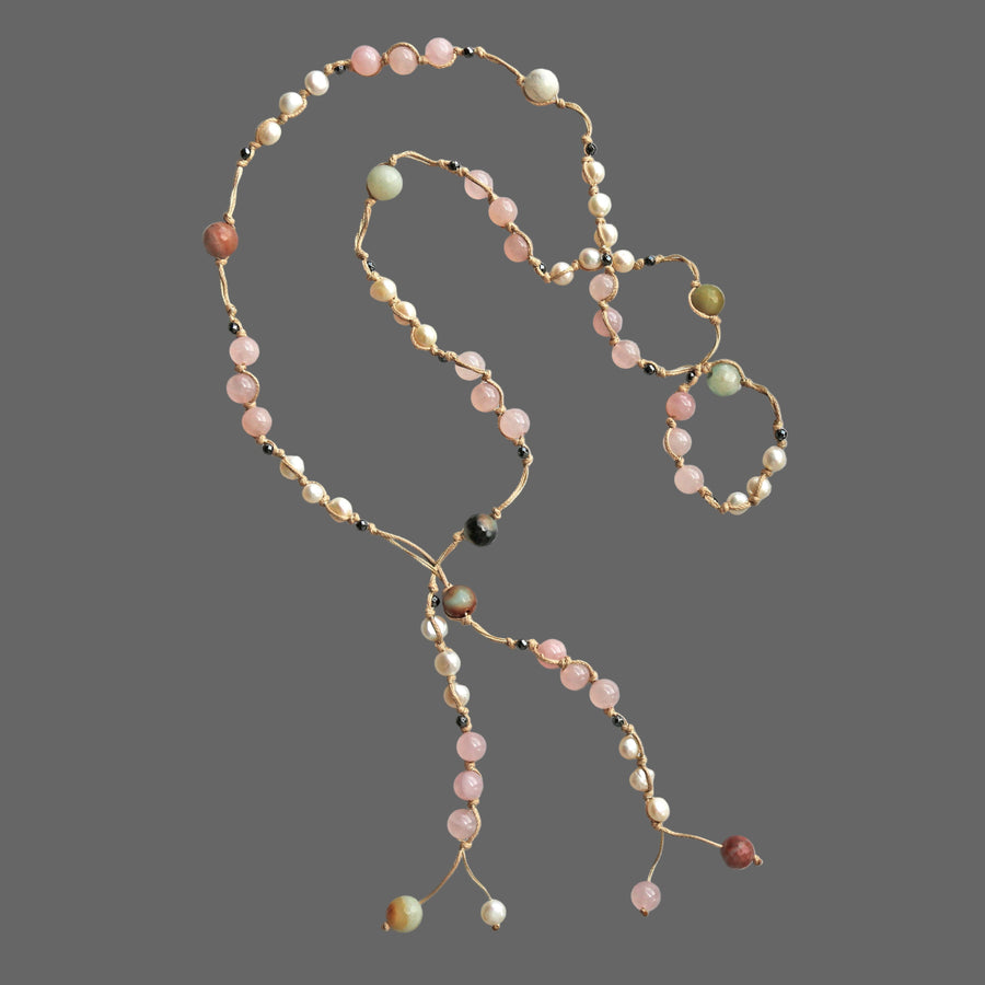 Rose quartz, pearl and amazonite necklace