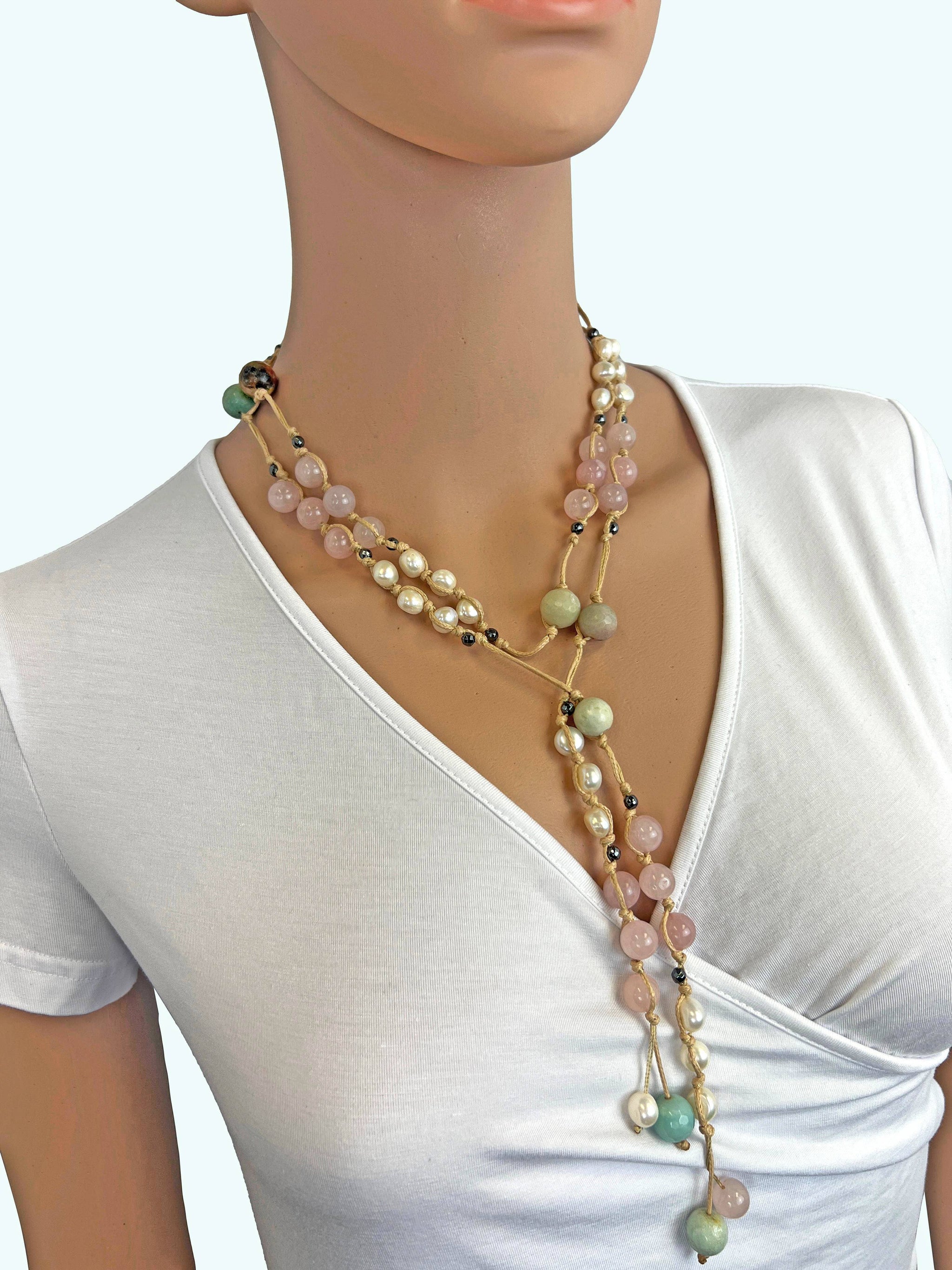 Rose quartz, pearl and amazonite necklace