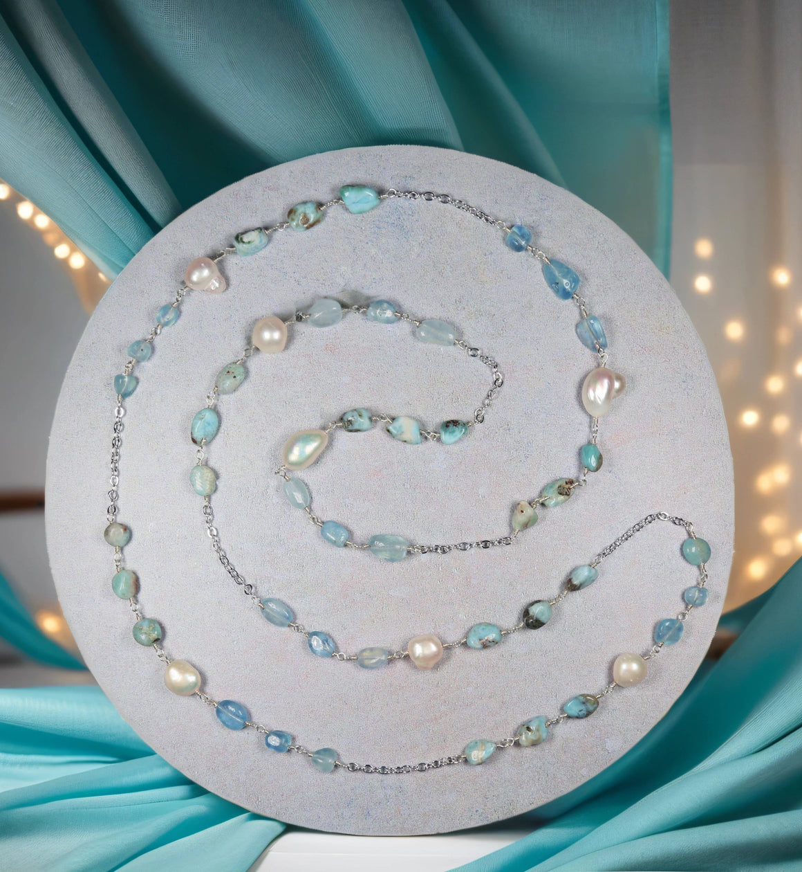 Larimar, pearl and aquamarine necklace