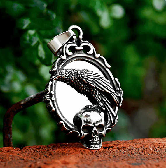 Raven and Skull Mirror Pendant