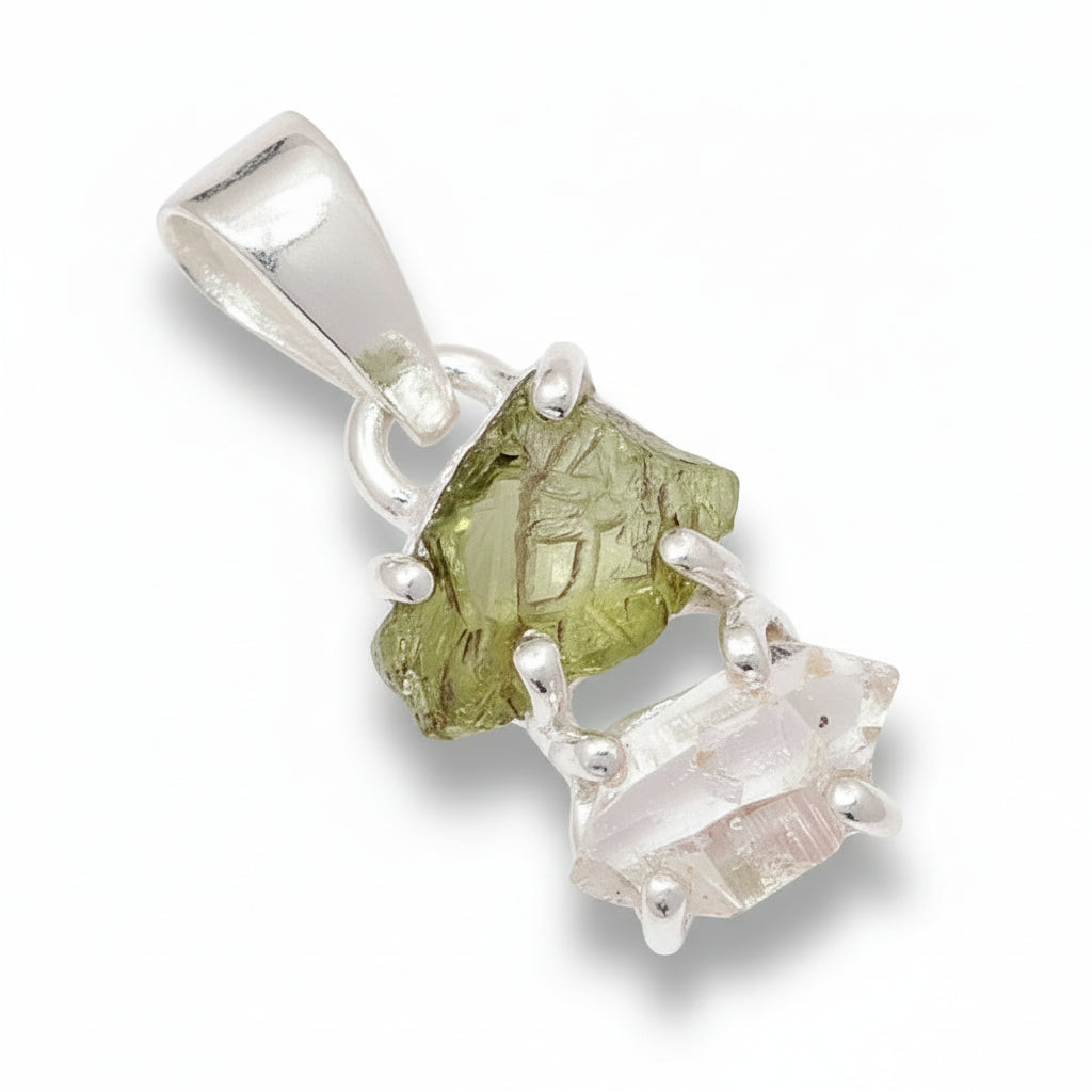 Moldavite and Herkimer Diamond Silver Pendant