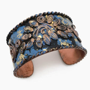 Anju Filigree leaves and Curly Line Design Blue and Gold Patinia Adjustable Cuff Bracelet