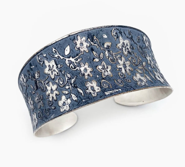 Silver Patina Blue Floral Cuff Bracelet