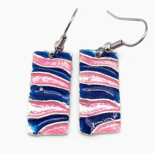 Pewter with Colored Enamel Rectangle Earrings Pink and Cobalt blue