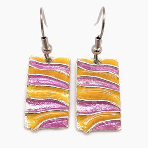 Pewter with Colored Enamel Rectangle Earrings Squash and Lilac
