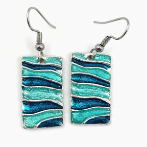 Pewter with Colored Enamel Rectangle Earrings Teal and Aqua
