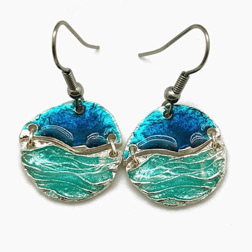 Anju pewter with colored enamel wavy circle dangle earrings