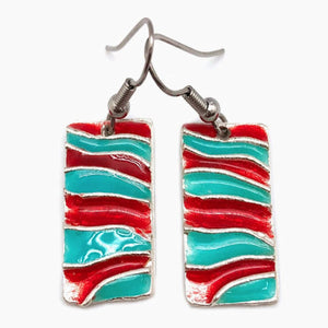 Pewter with colored enamel rectangle earrings in red and teal
