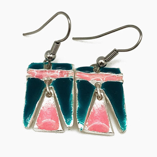 Anju pewter and colored enamel rectangle and triangel dangle earring