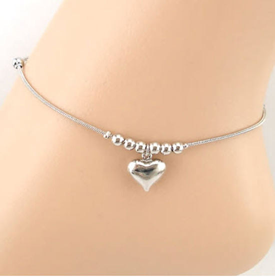 ankle bracelet silver bead and heart