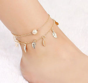 ankle bracelet gold leaves and bead