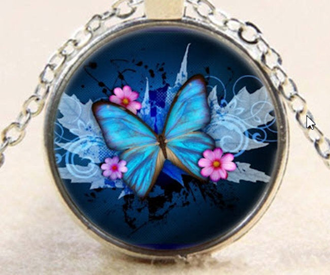 Blue Morpho Butterfly Photo Cabochon Pendant Necklace