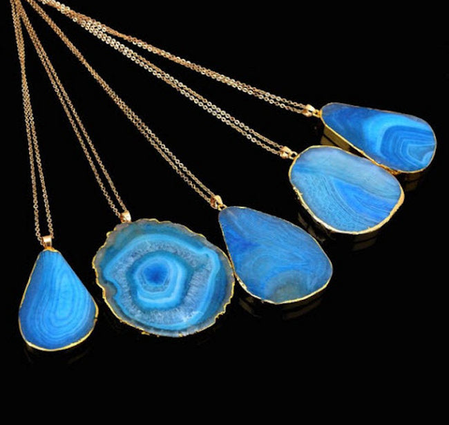 gold plated blue Agate natural stone necklace