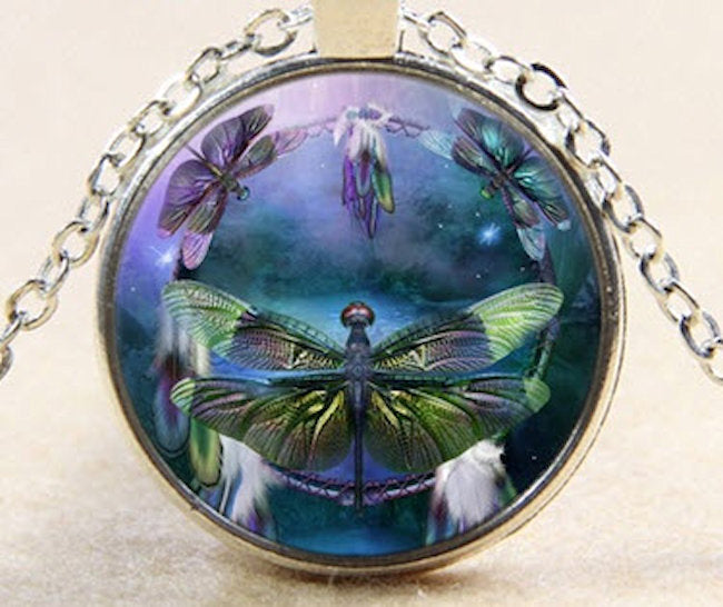 Dragonfly Glass Front Pendant Necklace