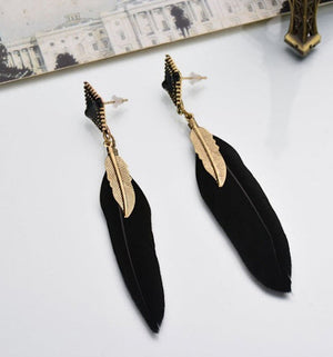 Boho Leaf Long Black Feather Stud Drop Earrings