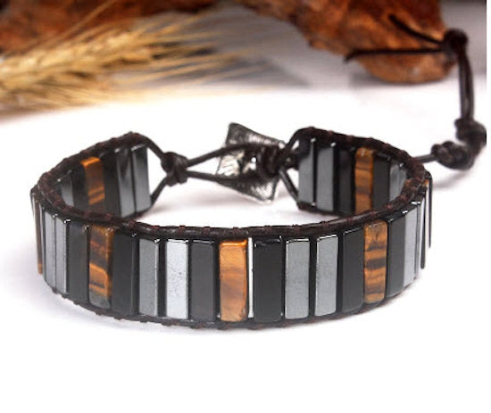 tiger eye, hematite and black onyx bracelet