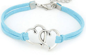 Double heart blue suede bracelet